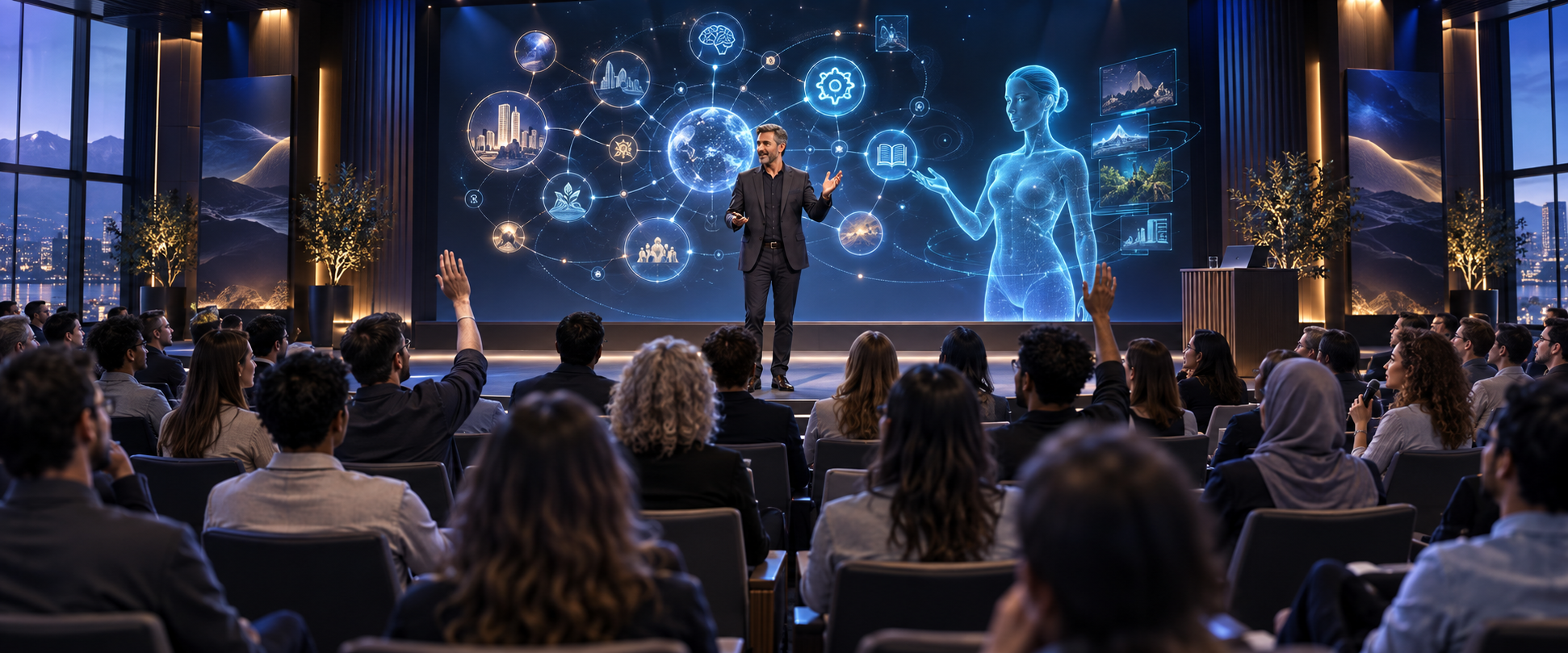 Ein Mensch leitet das Seminar; die Teilnehmenden stellen Fragen und untersuchen gemeinsam einen Prozess. Eine räumliche AI Persona und holografische Visualisierungen können Kontext, Zusammenhänge und Entscheidungspunkte zeigen — ohne Lehrkraft oder menschliche Entscheidung zu ersetzen.
