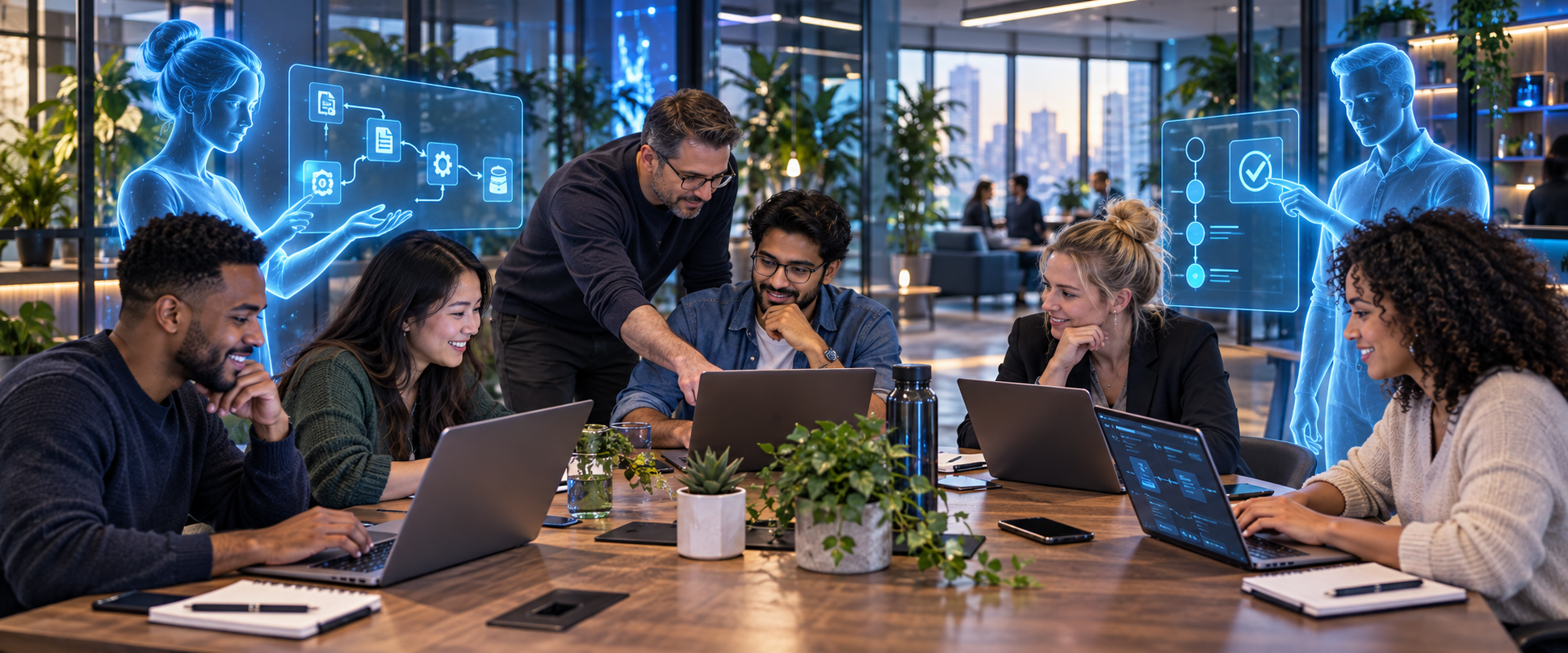In einem offenen Büro arbeiten Teilnehmende an eigenen Laptops; Leitung und holografische AI Personas zeigen Prozess und Freigabepunkte.